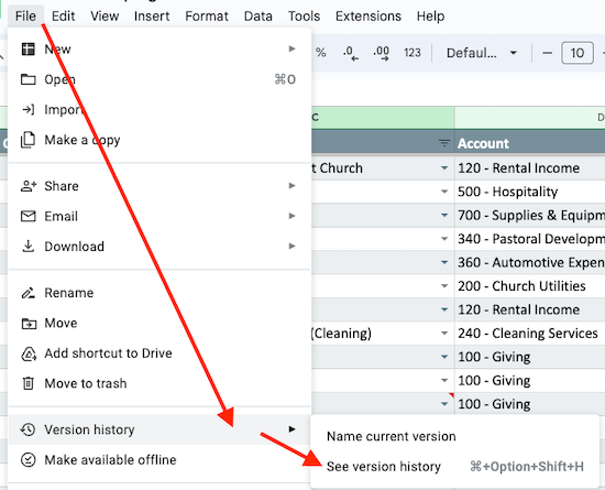 file, version history menu